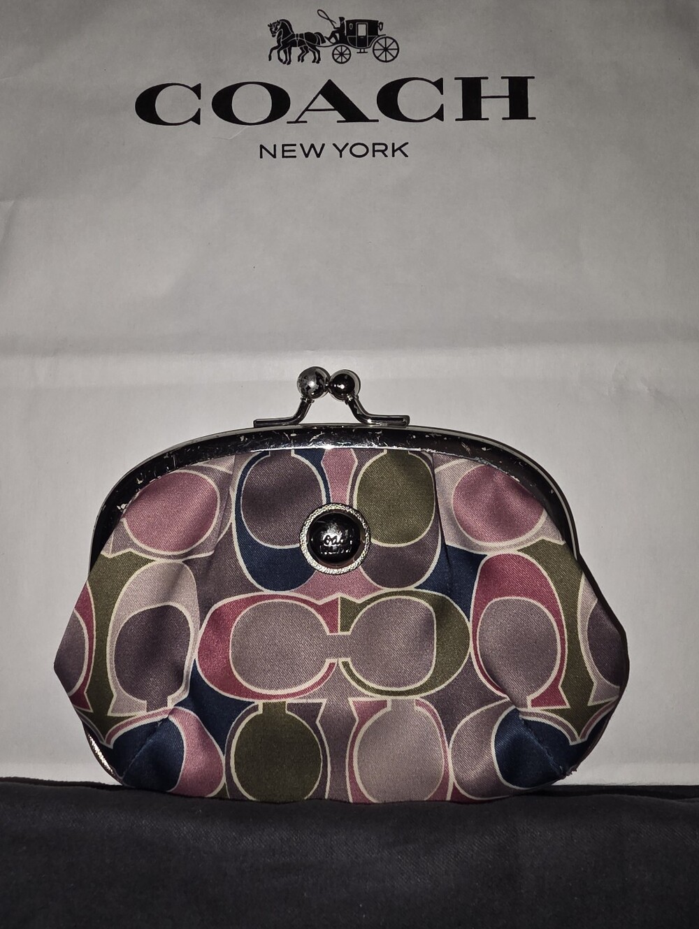 Vintage Coach Gallery Scarf Print Satin Multi-color Kisslock Purse/pouch